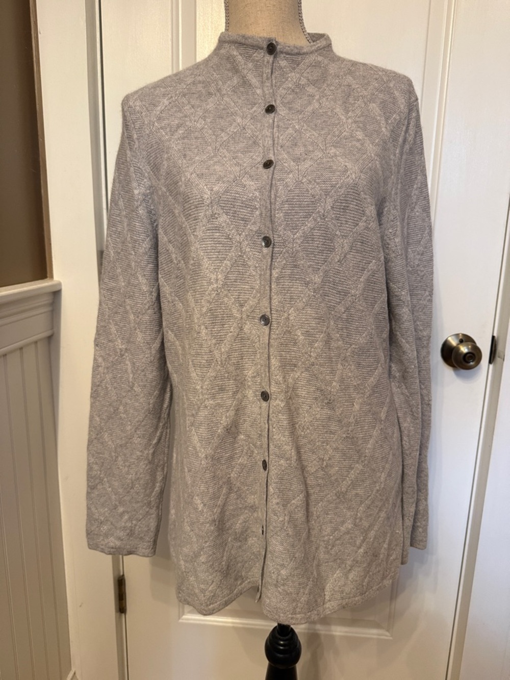 NORDSTROM CARDIGAN SWEATER GRAY CASHMERE LATTICE PATTERN BUTTONS SIZE XL